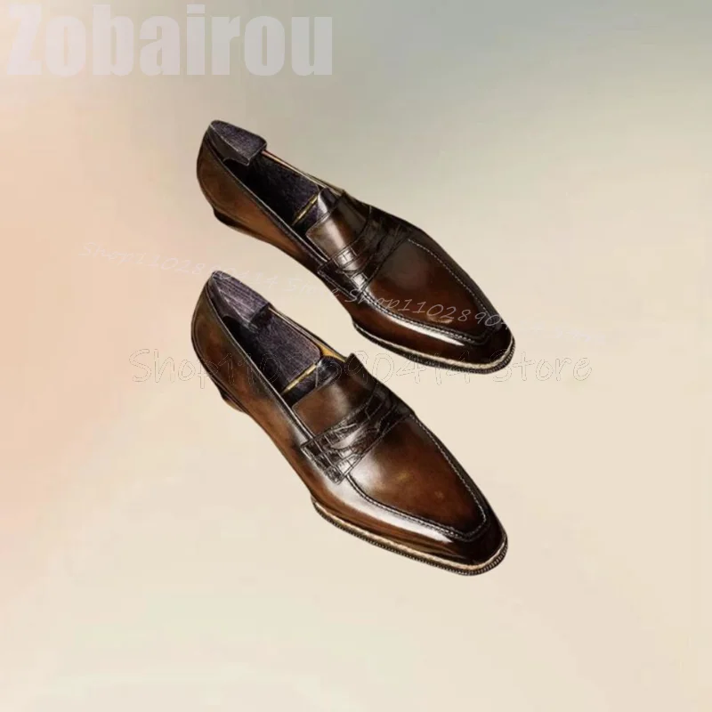 Brown Sewing Design Square Toe Leather Loafers Fashion Slip On Men Shoes Luxurious Handmade Party Banquet Office Men Dress Shoes
