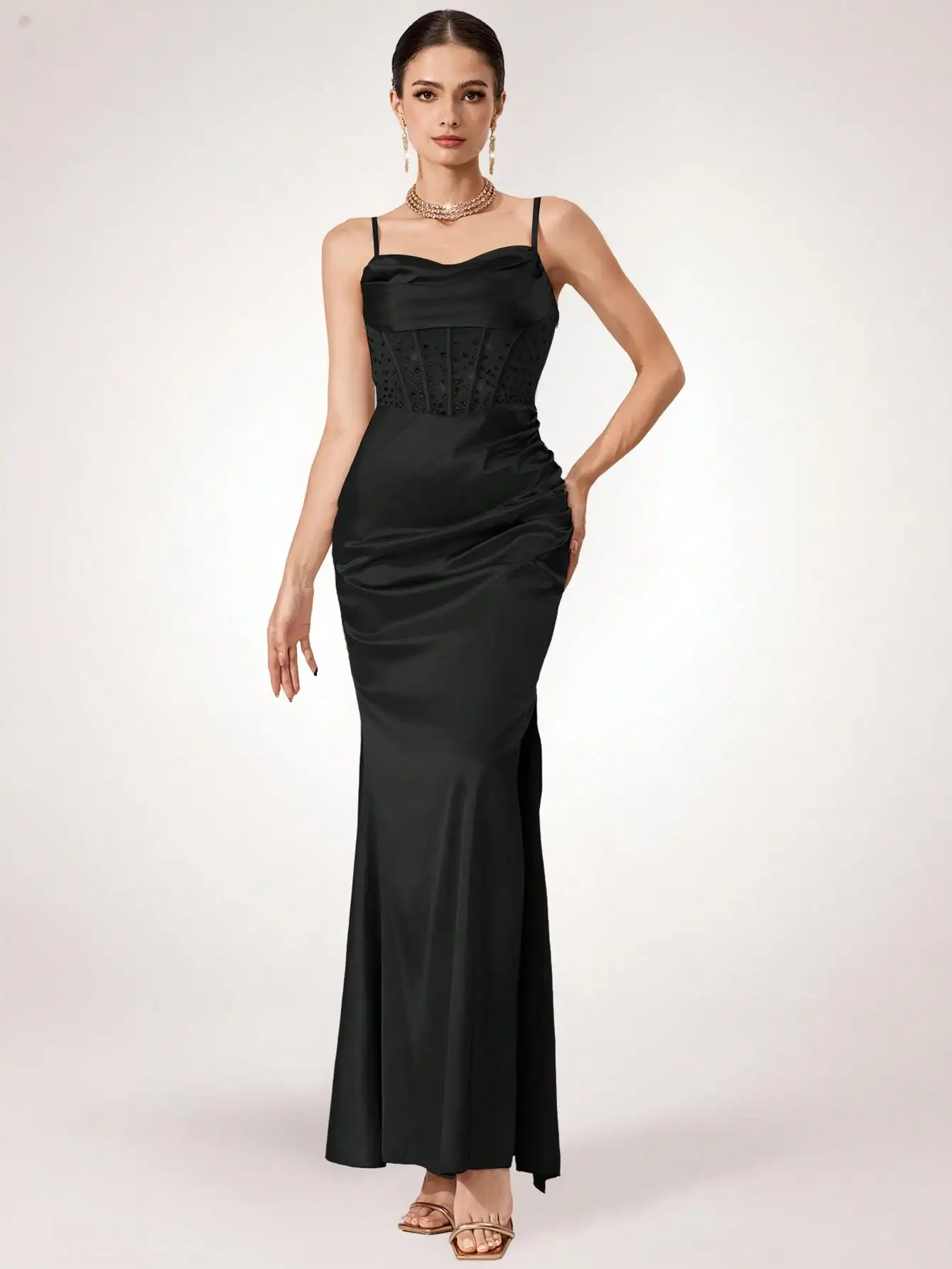 Robe de soirée longue en satin noir avec corset transparent orné de strass, coupe amincissante pour bal de promo, mariage, fête