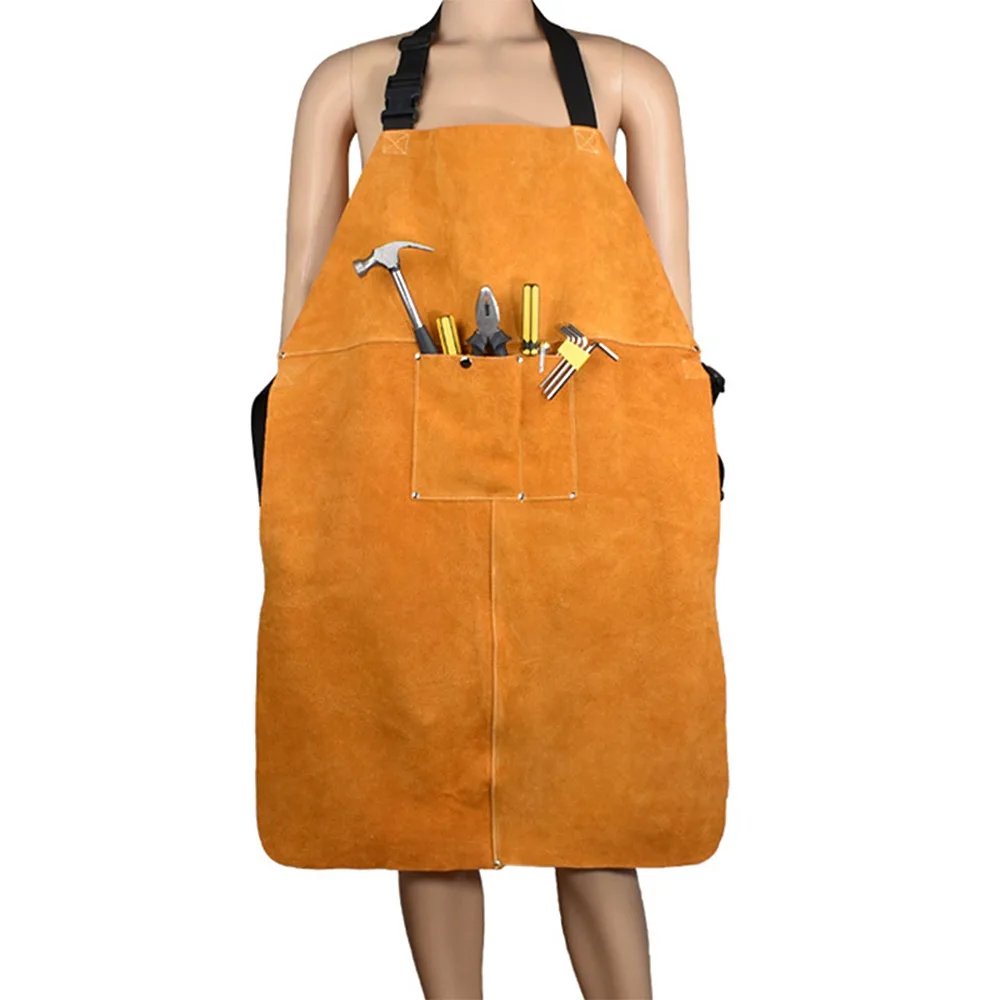 Orange Thick Cowhide Welding Apron Cowhide 90cm*60cm Orange Welder Protective Leather Apron Pocket Design Welding Gear