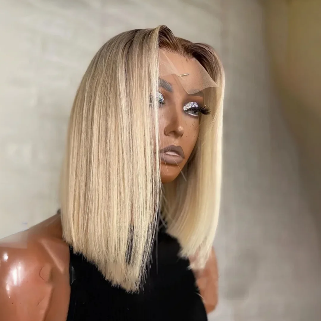 

Парик из натуральных волос 13x4, омбре, светлый, прямой, 100% человеческий волос, мягкий, плотность 150, с кружевной передней частью и детским ростом волос, предварительно выщипанный, естественный вид