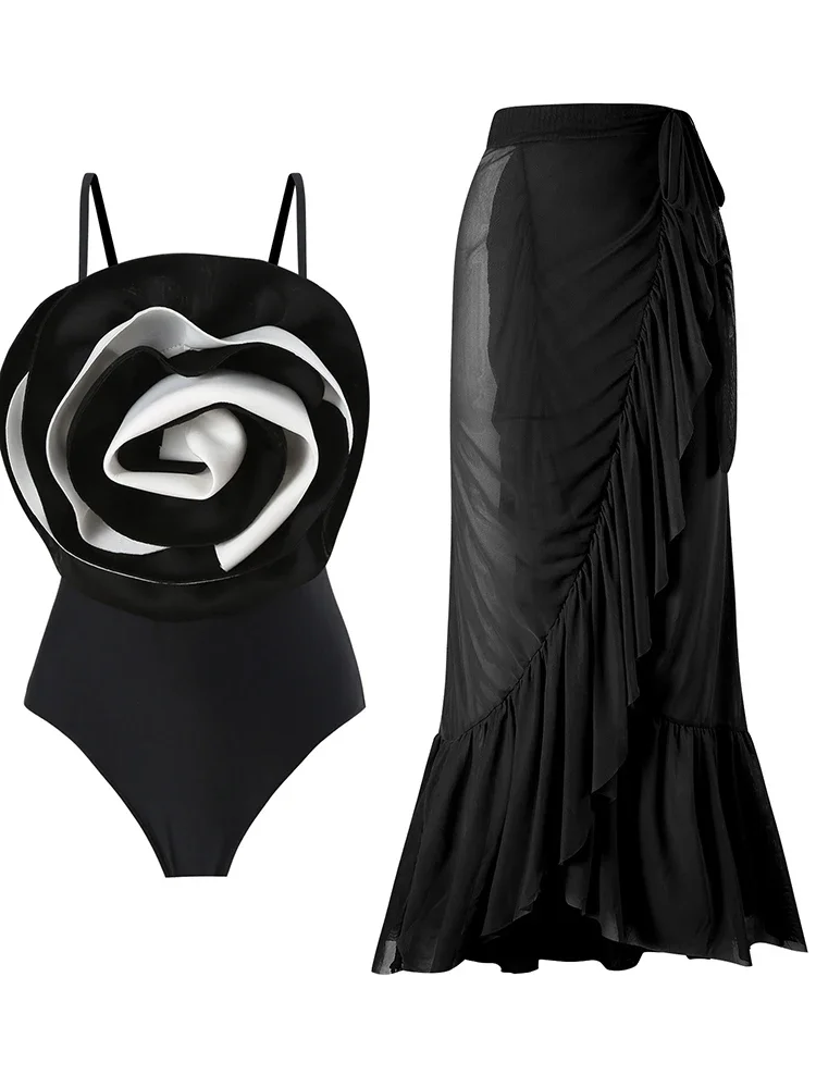 

New In Flower Swimsuit Skirt 2 Pieces Matching Sets Swimwear Summer Holiday Sexy Hot Outfits Black Red Suits