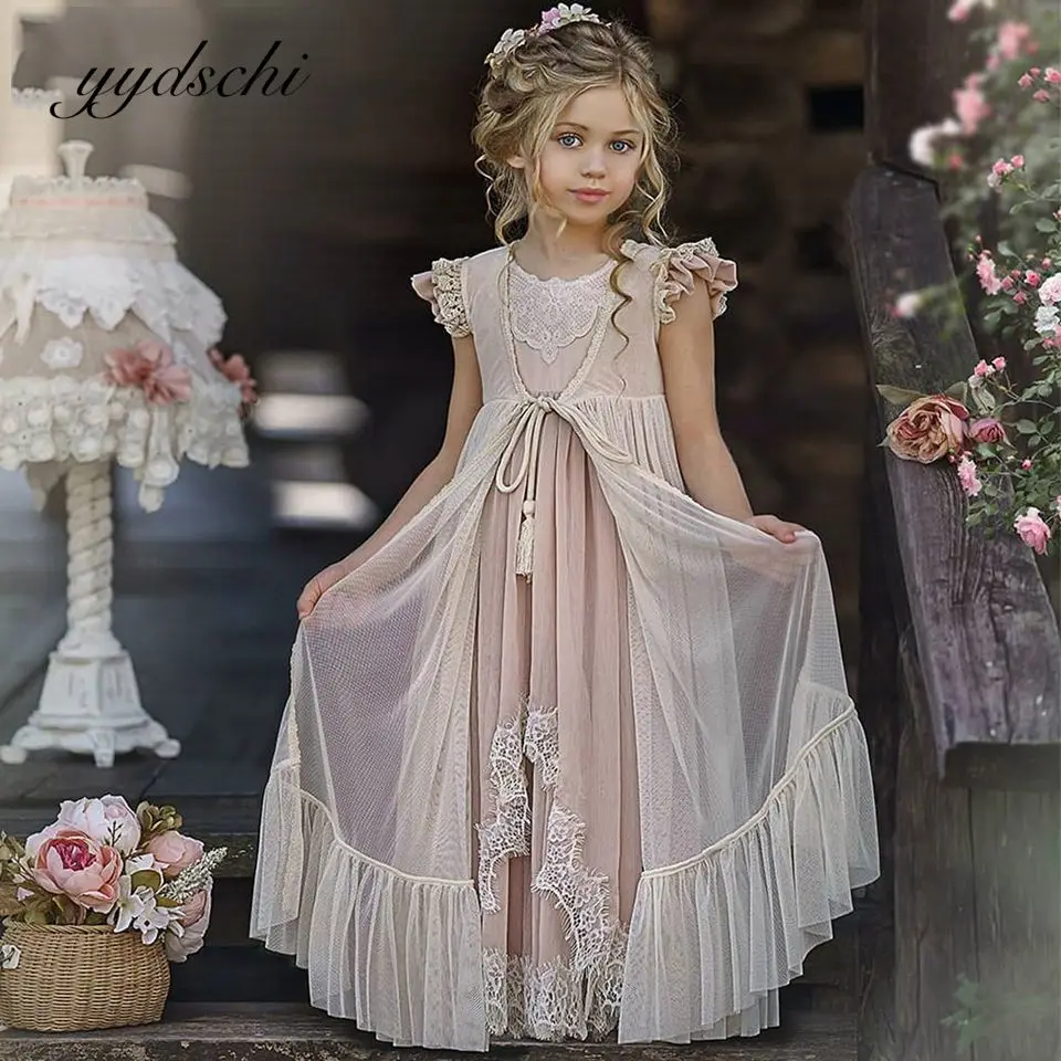 2022 Vintage Pink Flower Girl Dress Lace Two Pieces Princess Birthday Wedding Party Girl Dresses Cute Kid Vestidos De Novia