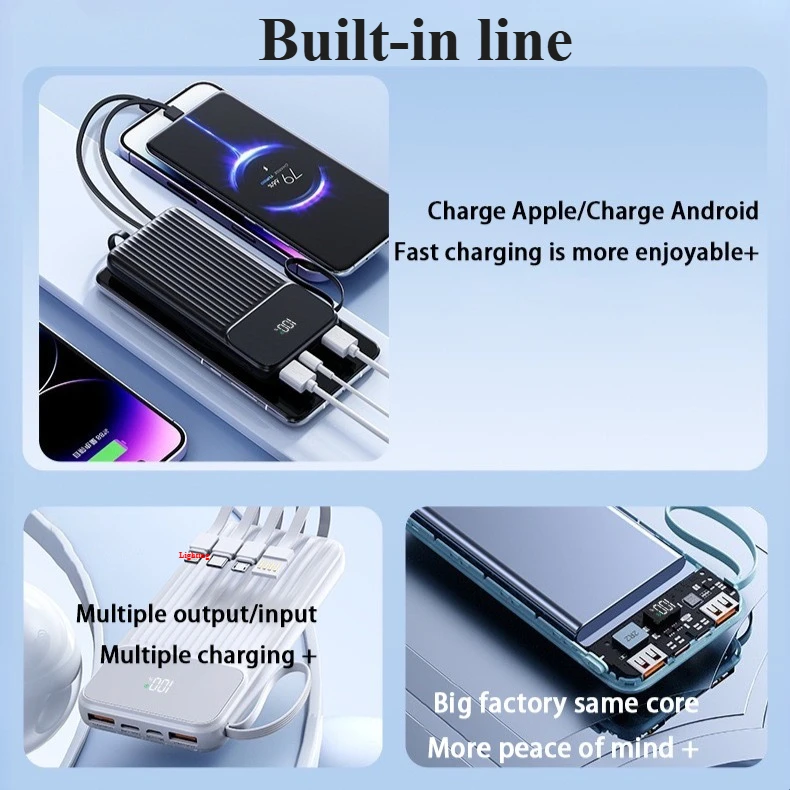 Ranwomen Powerbank 20000mah LED Digital Display Portable Powerbank Built-in 4-in-1 Cable Fast Charge Spare Battery Power Bank
