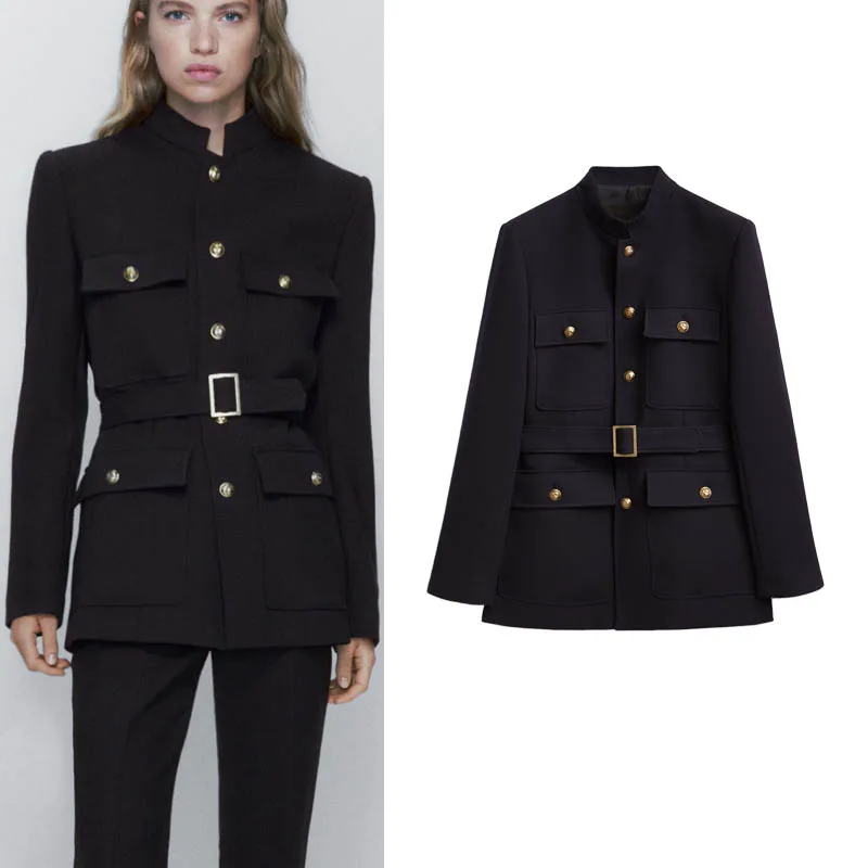 

Spring New Women's Suit Jaet with Belt And Button Decor Commute Casual Stand Collar Long Sve Polyester Fiber Single Button
