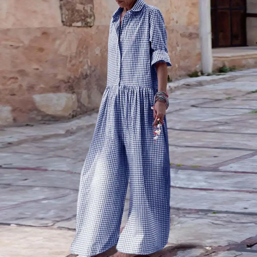 Soft Jumpsuit Stylish Check Print Women\'s Jumpsuit with Long Sleeves Wide Legs Casual Loose Fit for A Fashionable Look Elastic