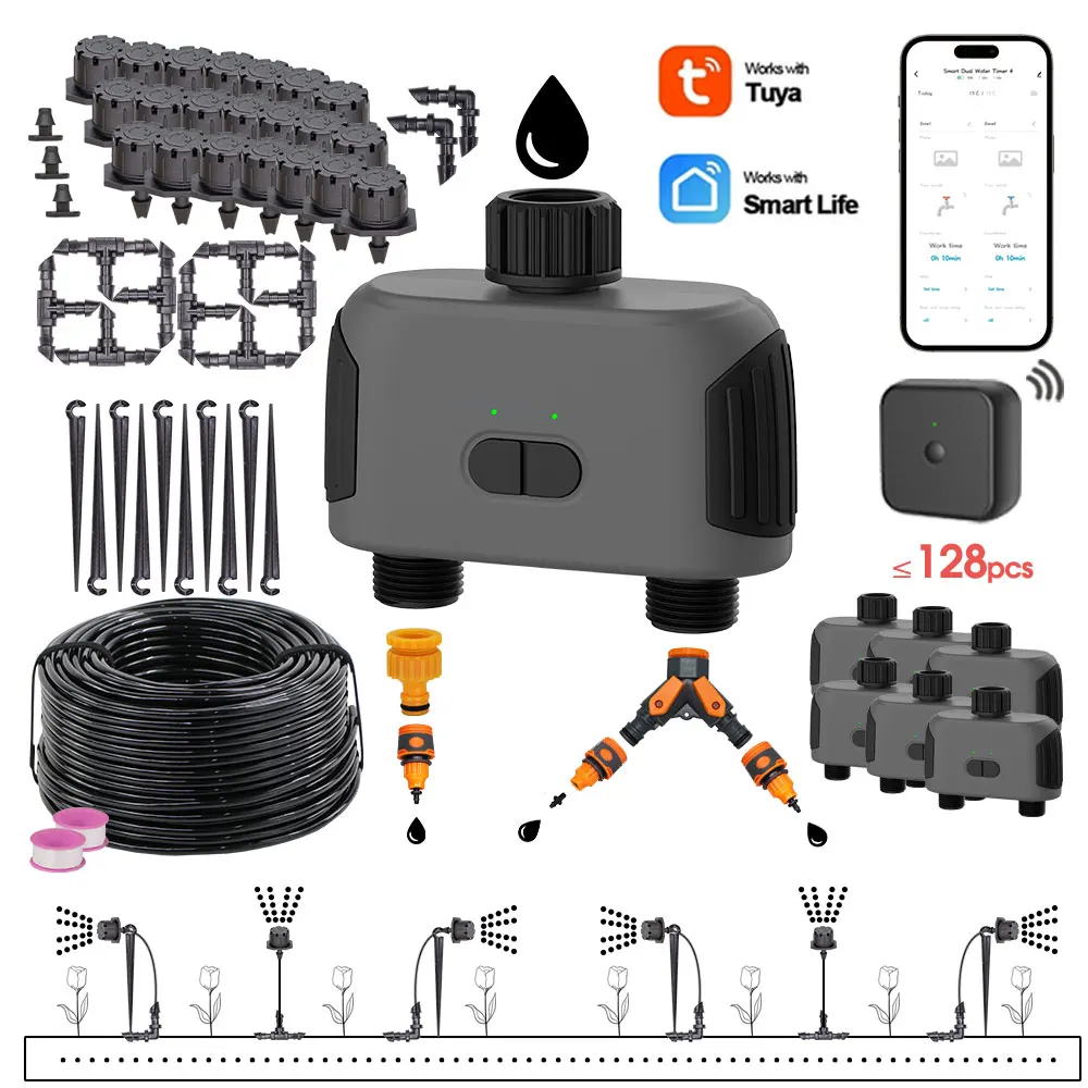 50-5M Drip Irrigation System 2-Way Wifi Bluetooth-compatible Garden Water Timer Adjustable Sprinkler Kit Phone Remote Controller