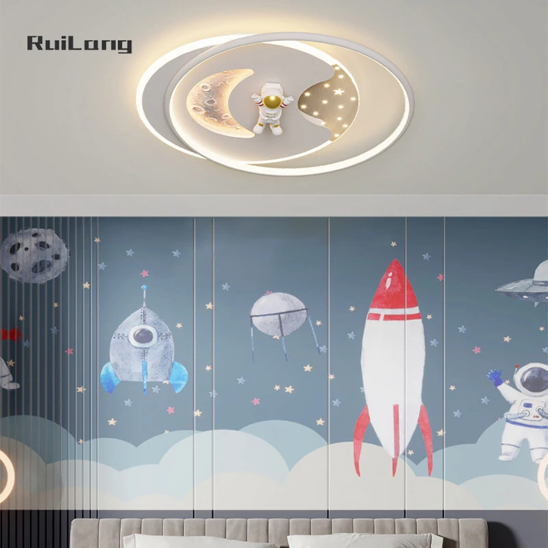 Cartoon Astronaut Led Ceiling Lights Kids Room Boys Girl Bedroom Star Moon Chandelier Children Room Dormitory Decor Pink Lamp