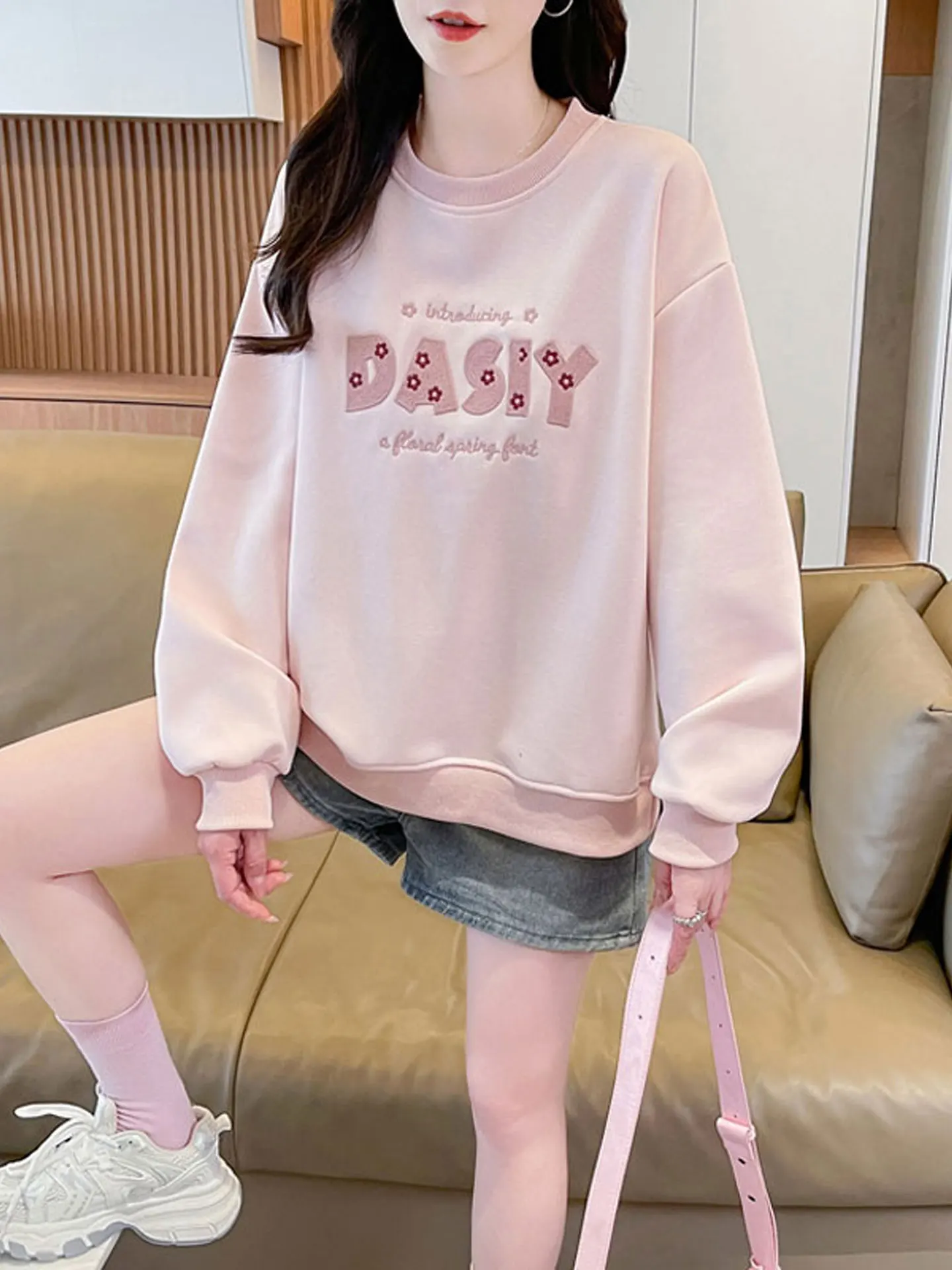 Ladies' Embroidered Loose Fit Sweatshirt Spring Autumn Thin Cotton Polyester Blend Long Sleeve round Neck No Hat Jacket