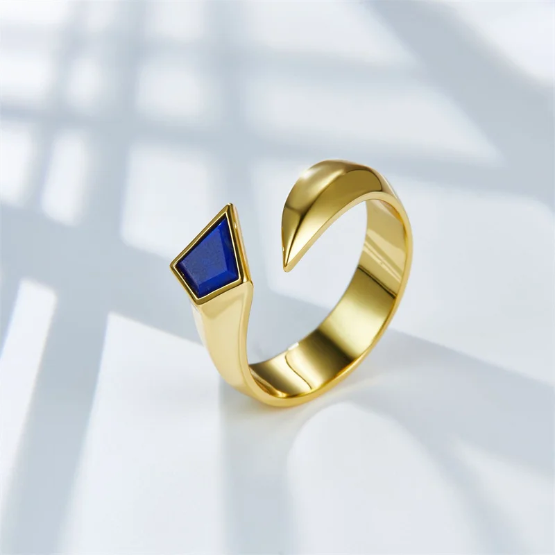 Simple Lapis Lazuli Diamond Shaped 925 Silver Open Rings For Women Gold Plated Natural Stone Geometric Adjustment Ring 2023 New