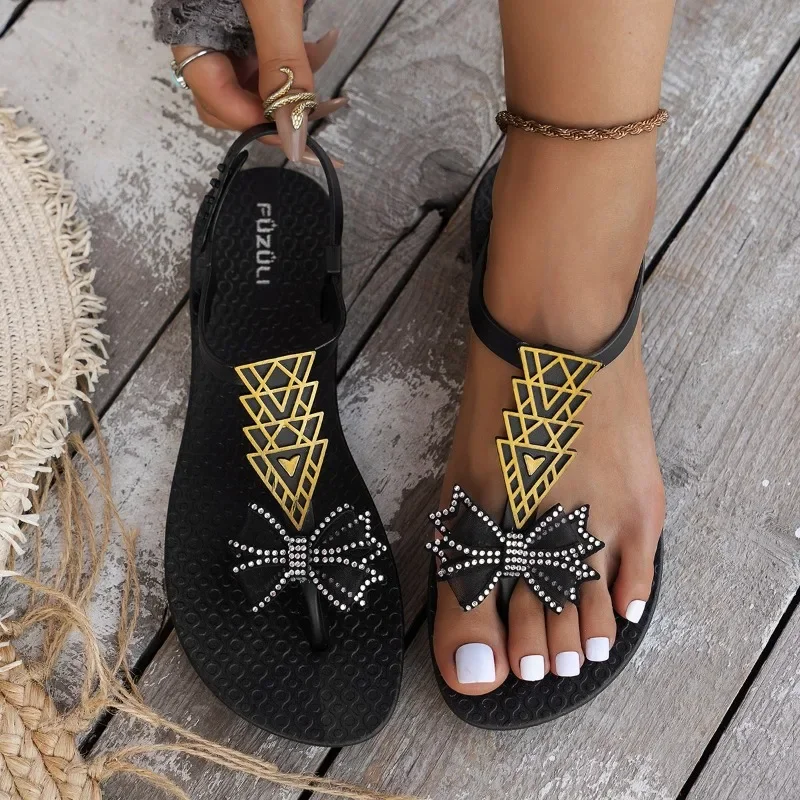 2024 New Fashion Hot Selling Women's Sandals Bow Decorated Rhinestone Thumb Toe Comfortable Summer Women's Shoes Zapatos