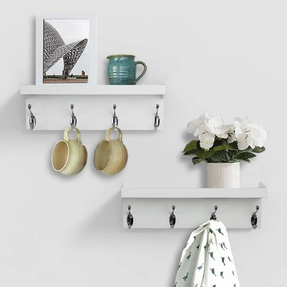 

White Wall Mounted Coat Rack With Shelf And 4 Double Hooks Set Of 2