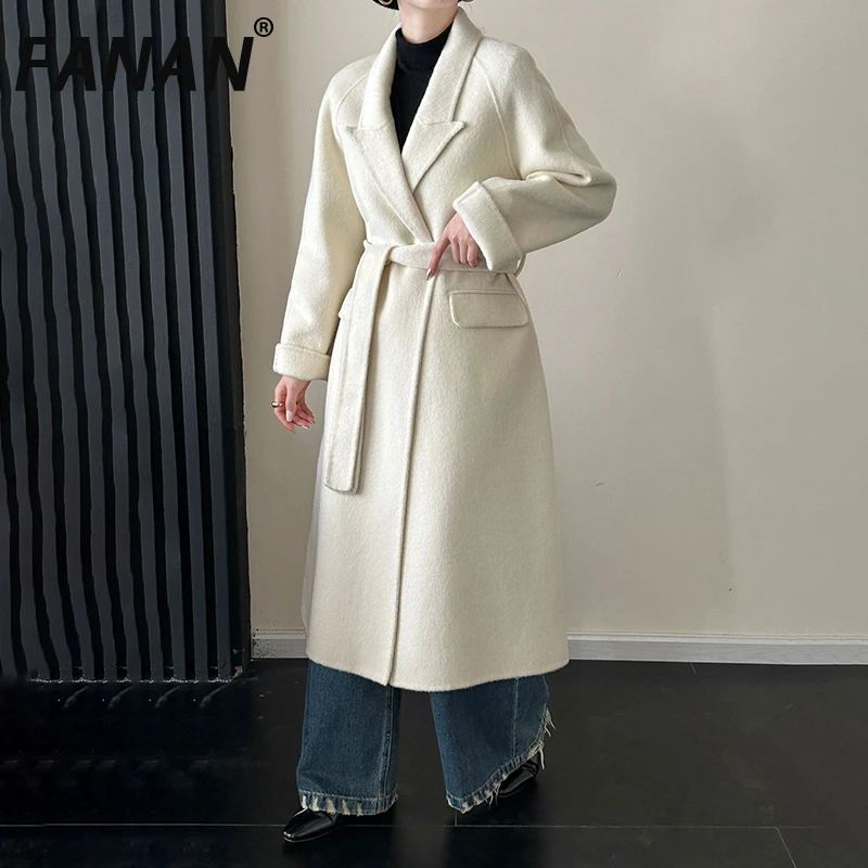 

FANAN Suit Collar Women's Double-faced Woolen Coat Double-faced Woolen Coat Lace Up Loose Casual Overcoat 2025 Winter New