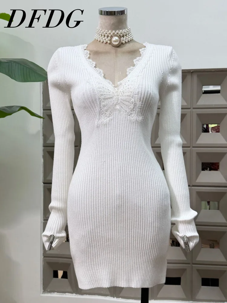 

DFDG Женское эластичное облегающее платье с кружевной вставкой и v-образным вырезом, длинным рукавом, облегающее короткое дизайнерское платье, Новое поступление 2025, весенне-осеннее платье