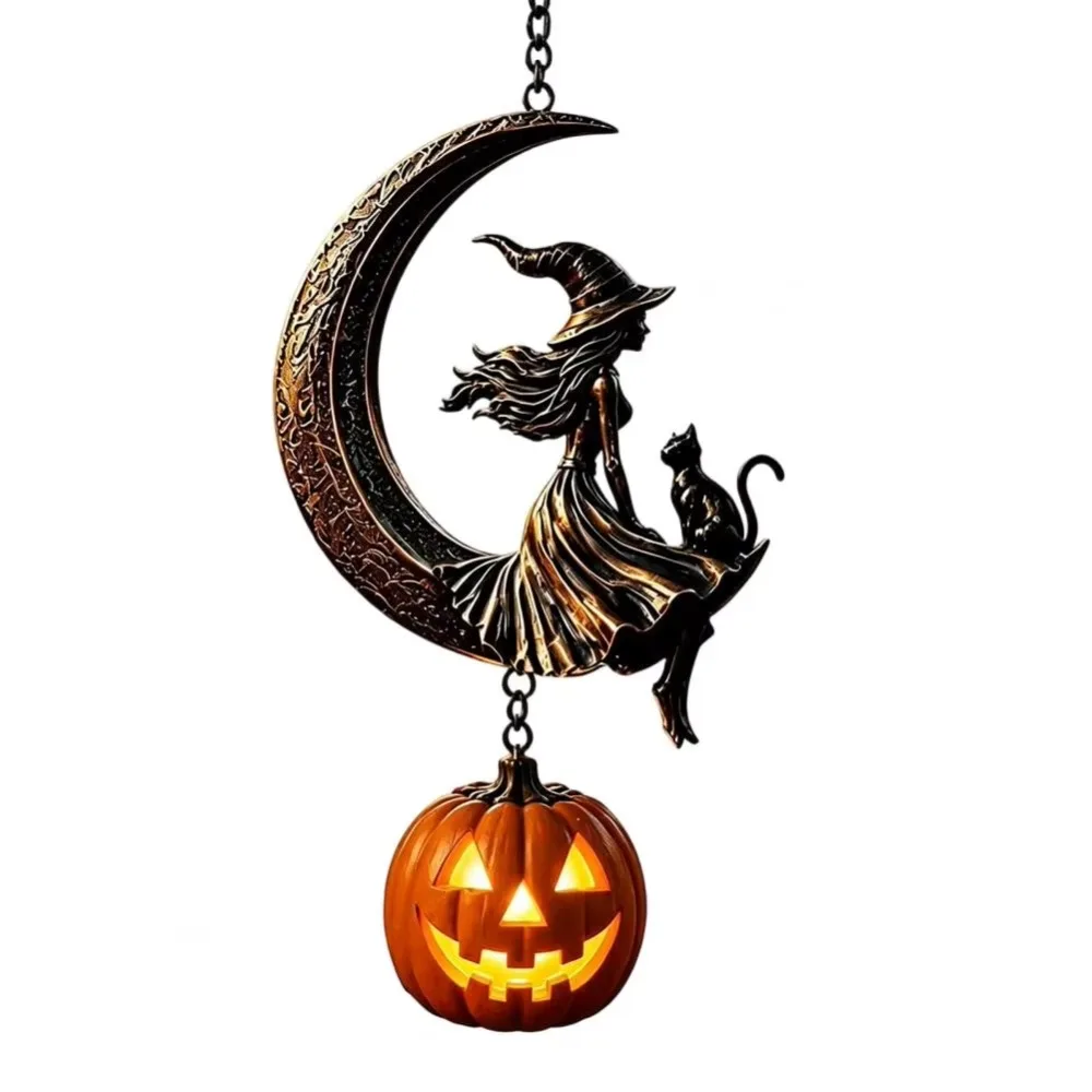 Solar Powered Moon Witch Lantern Rustproof Metal Durable Metal Solar Halloween Moon Lamp LED Vintage Witch on Moon Lantern Yard