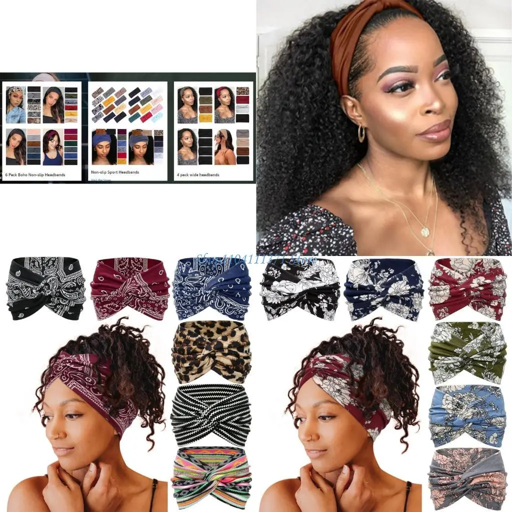 

P9FC Bohemian wide headband for women, sweat absorbing and anti slip yoga headscarf, sports fitness running headband, printed