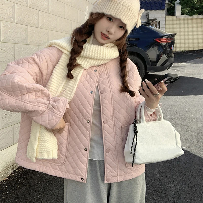 French Vintage Women Winter Parka Fashion Warm Long Sleeve Cotton Short Coat Loose Small Fragrant Jacket Casual Outwear