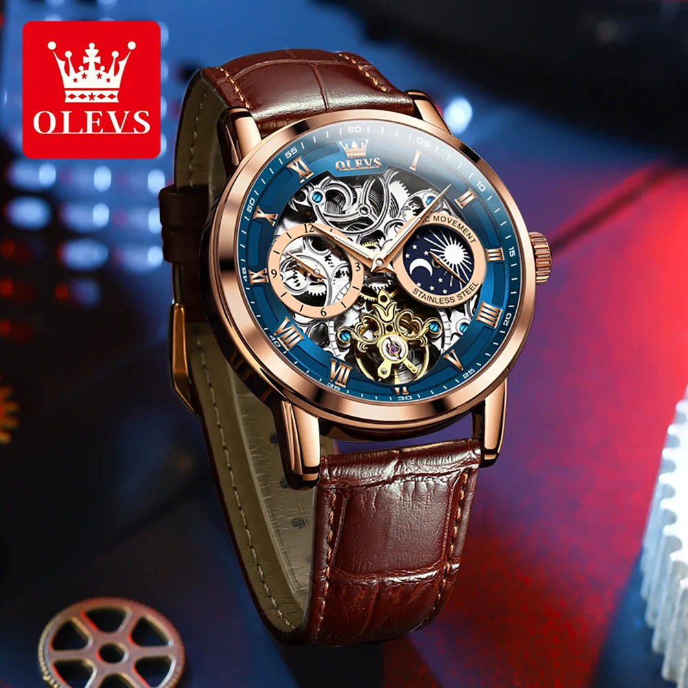 OLEVS Top Brand Men\'s Skeleton Mechanical Watch Waterproof Leather Strap Men Moon Phase Automatic Tourbillon Wristwatch for Men