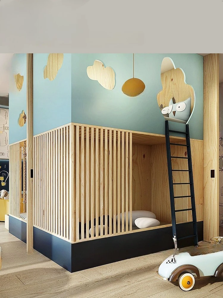 Tempat tidur kayu solid, rumah bermain anak, tempat bermain rahasia model awan, model tangga