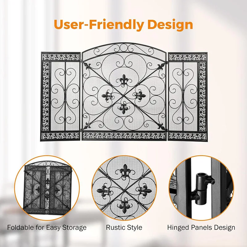 Vintage country fireplace screen metal protective cover three-fold wrought iron home stove partition