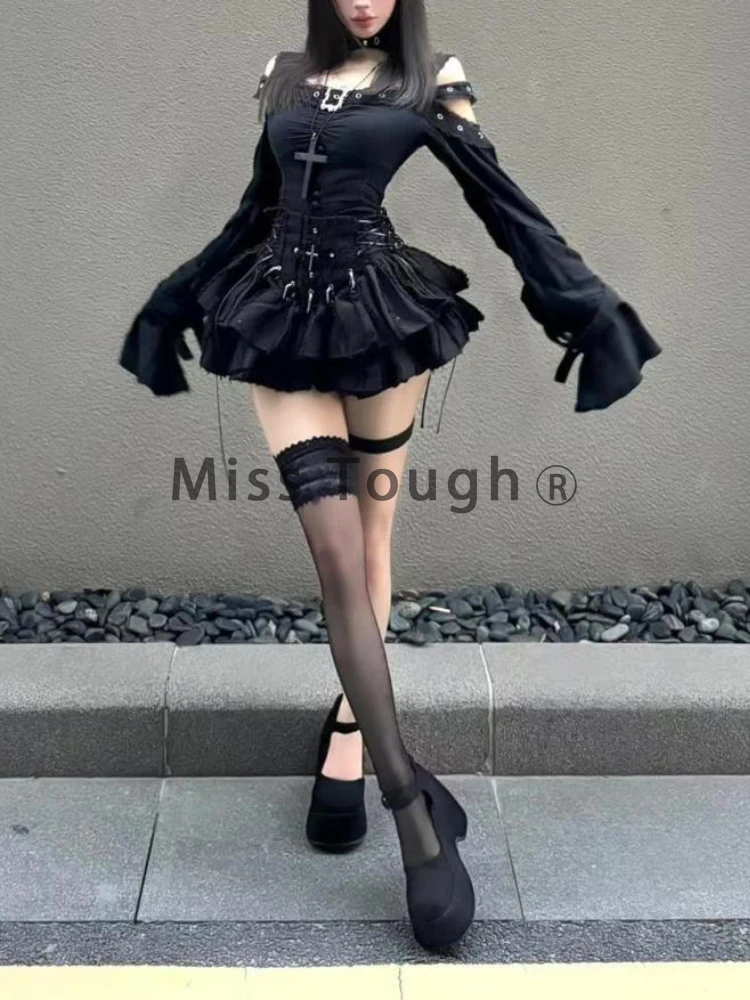 Winter French Gothic Retro 2 Piece Sets Women Off-the-shoulder Top+slim Mini Skirt Female New Black Dark Academia Chic Suit 2024