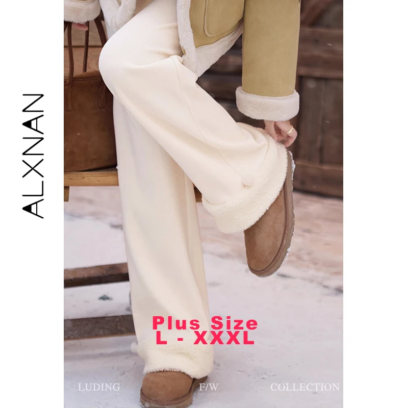 

ALXNAN Брюки больших размеров Флисовые широкие эластичные прямые брюки с высокой талией Зимние теплые толстые брюки из овечьей шерсти D08852