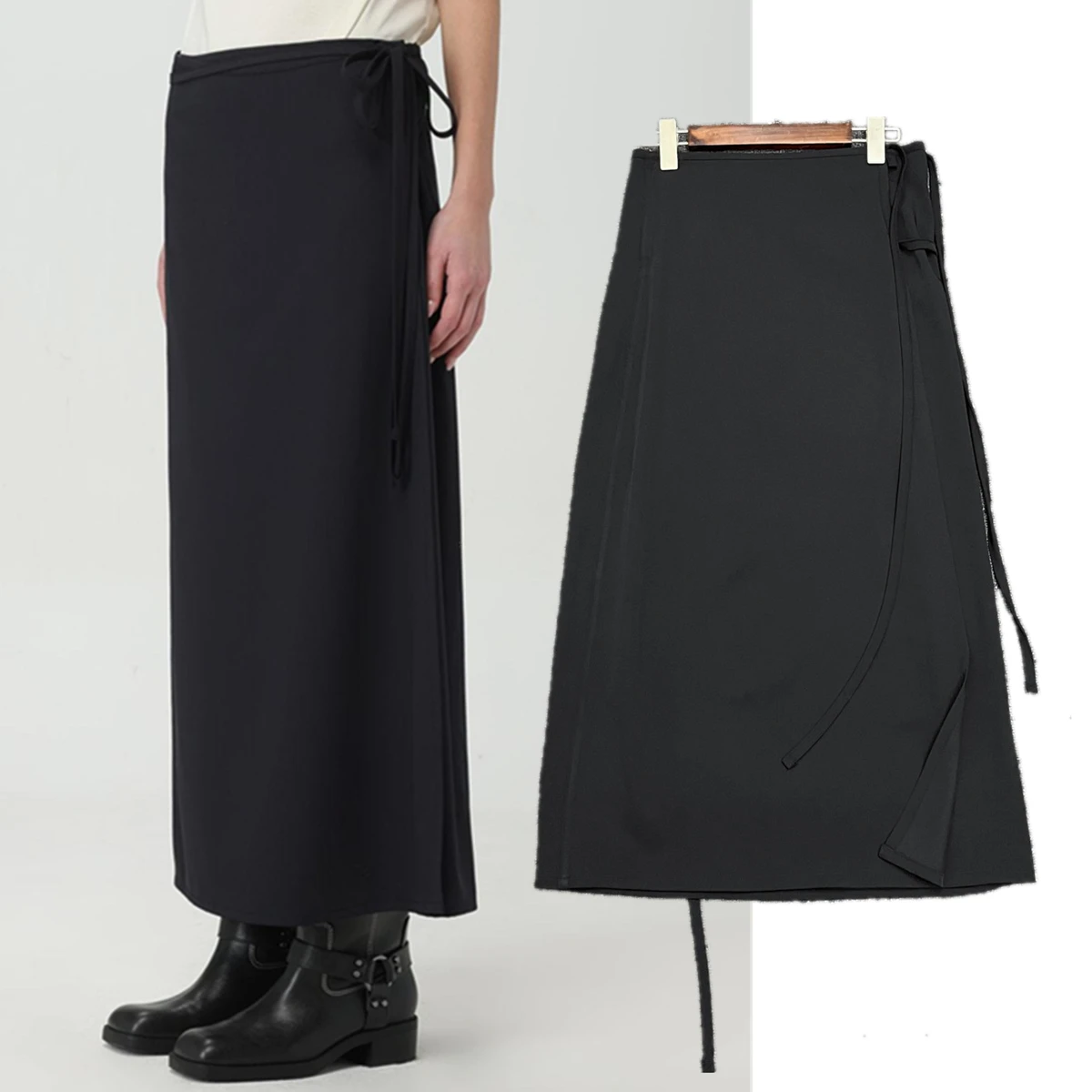 Maxdutti French Minimalism Midi Skirts Womens 2024 Auttumn New Arrivals Fashion Straight Black Skirts Wrap Around Straps