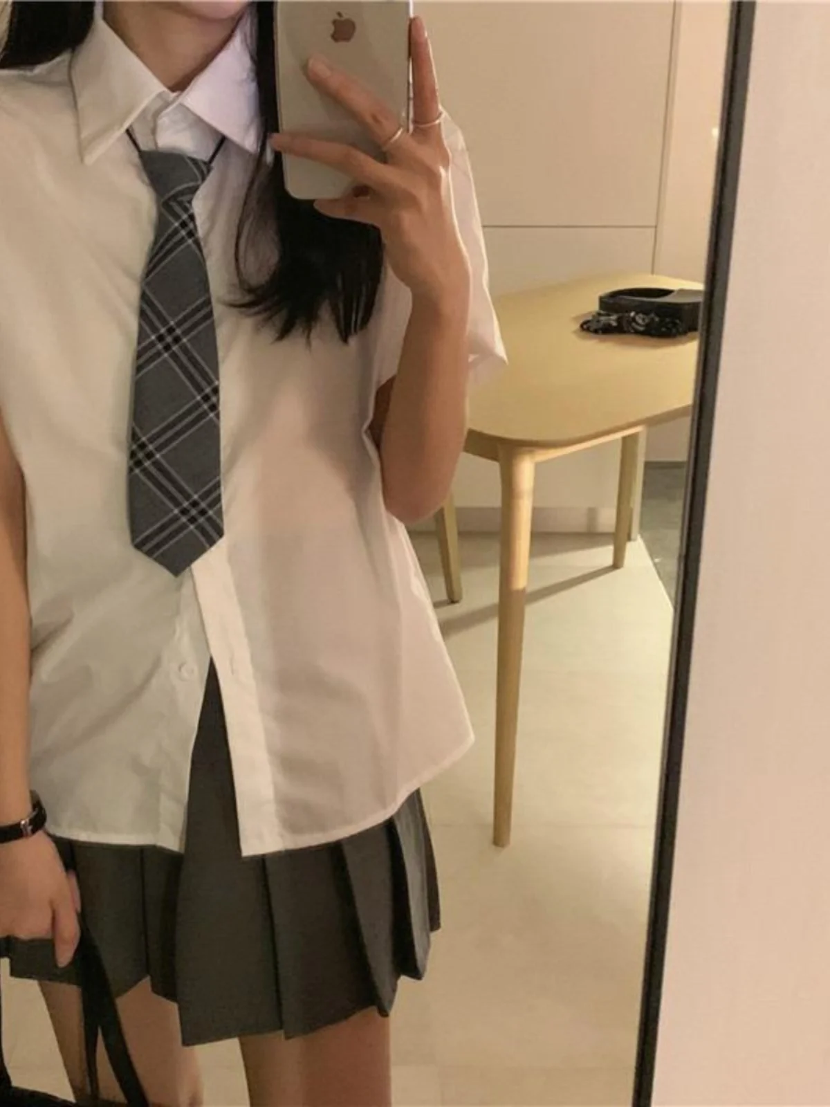 

Casual Style Pure Color Student Uniform Shirt with Tie Short Sleeve Couple's Shirt Loose Fit Collar Regular Length