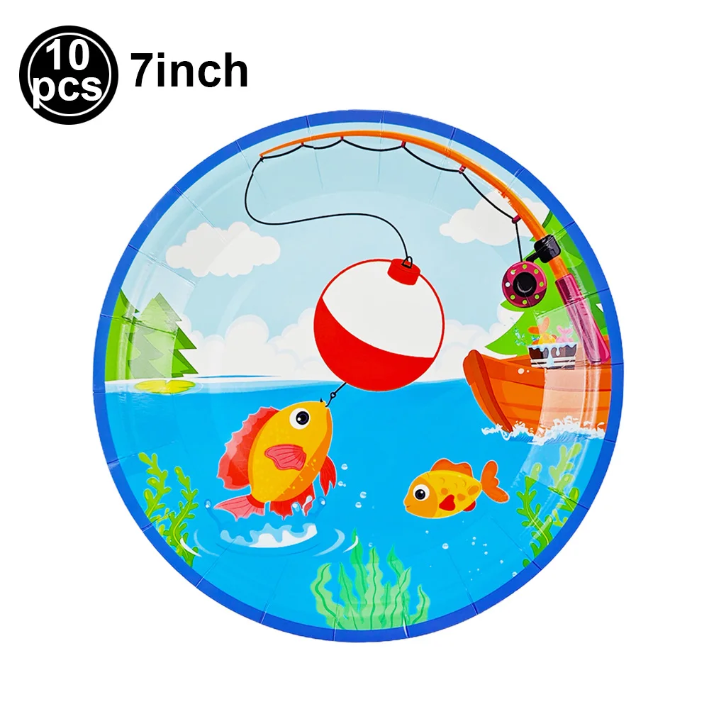 Gone Fishing Party Tableware Supplies Happy Birthday Tablecloth Paper Plates Cups Napkins Kids Fisherman Party Decoration