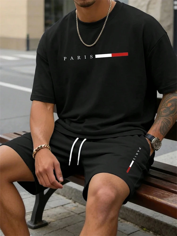 

Men's Summer Casual Beach Outfits Short-Sleeve T-Shirt and Shorts Set Stylish Streetwear Set with Lettering and Patterned Prints