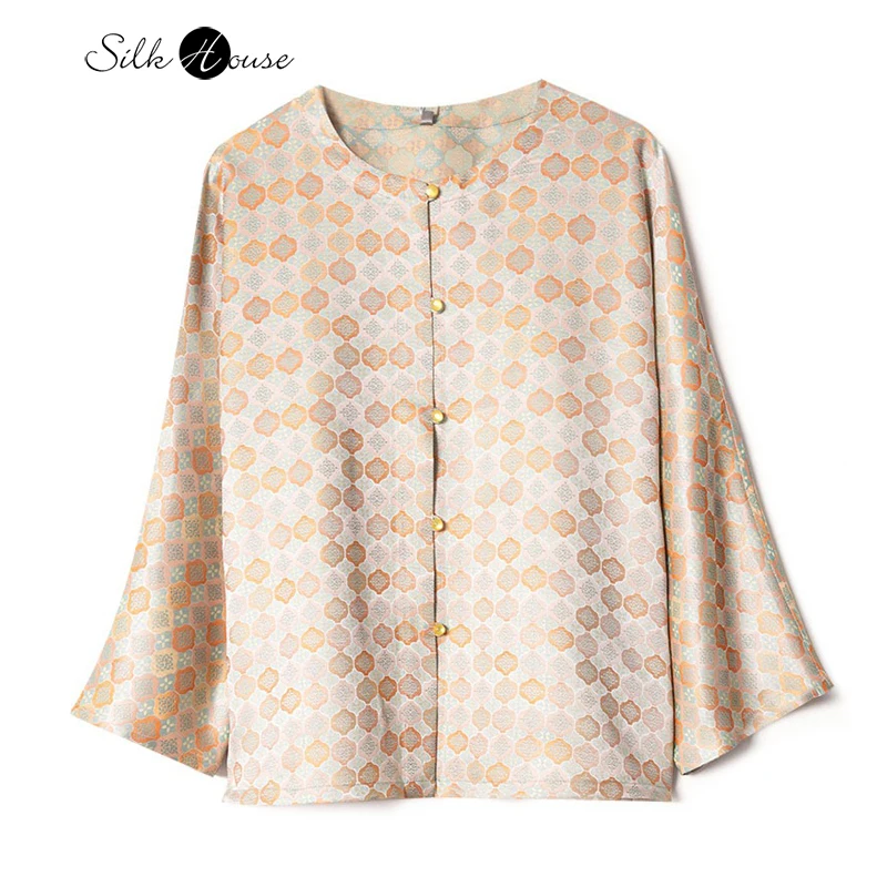 

Orange Red Printed Versatile Fashionable Chinese Style 100% Natural Mulberry Silk Song Brocade Round Neck Long Sleeved Jacket