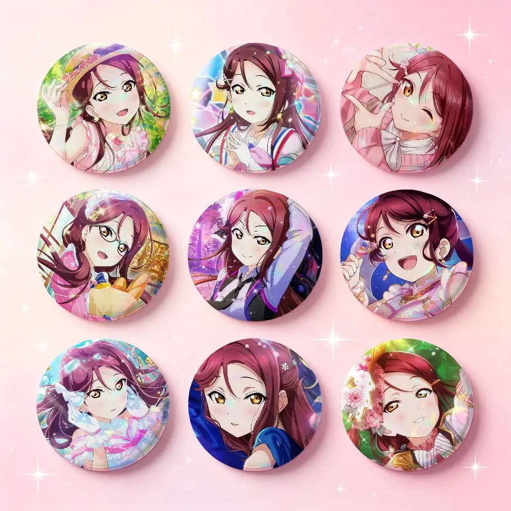 Riko Sakurauchi Anime-Figuren-Abzeichen 25 32 44 58 75 mm Runde Cosplay-Pins Taschendekoration für Fans, Sammler, Freunde, Geschenke, Brosche, Souvenir