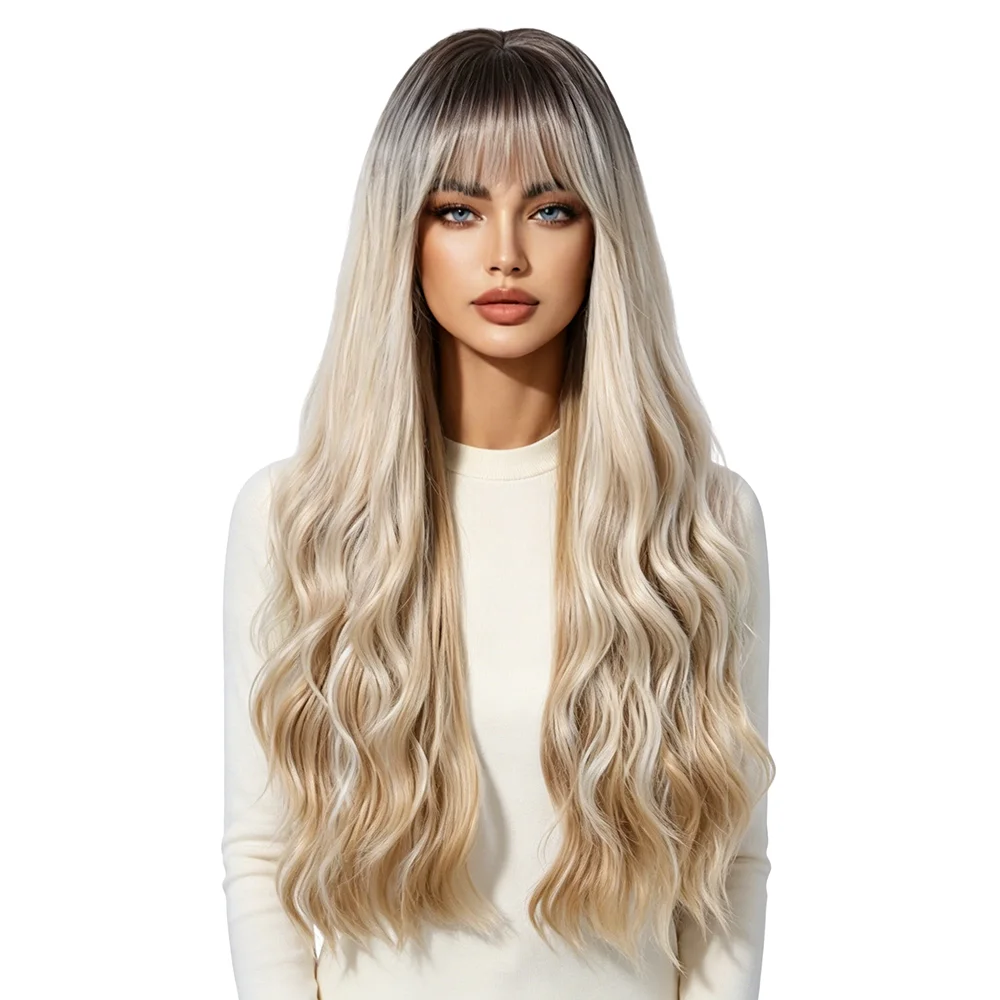

28 Inch Platinum Blonde Ombre Wig with Air Bangs Natural Wave Heat Resistant Synthetic Hair For Asian Women Cosplay Dating