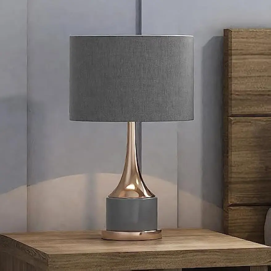 Table Lamp, 11''W x 11''D x 18.5''H, with Transitional Elements, Gray & Gold Finish and a Gray Faux Silk Shade