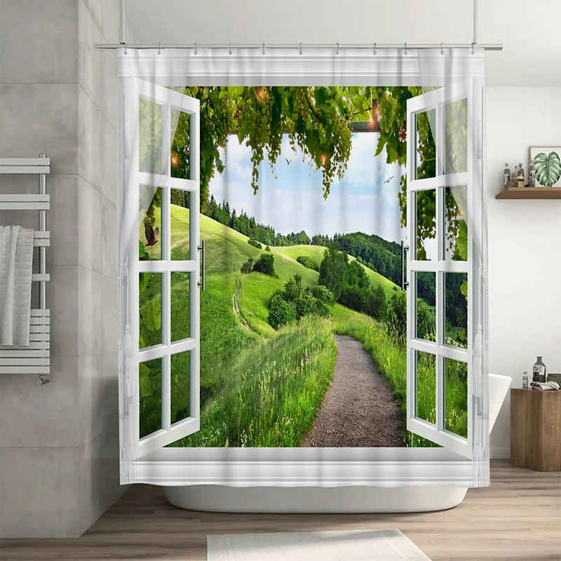

Занавеска для душа с открытым окном, зеленые холмы, пейзаж, декоративные водонепроницаемые занавески для ванной для украшения дома, белая рамка, размер 180x20