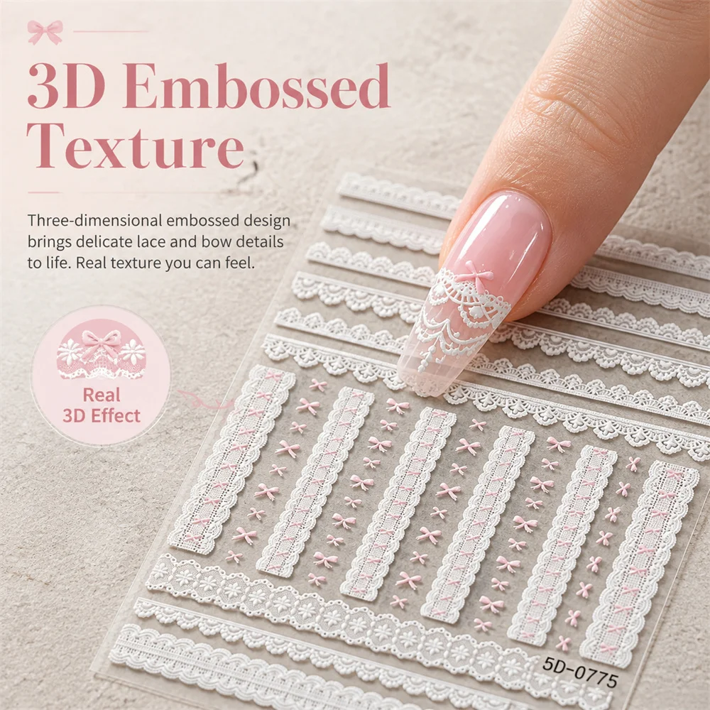 1 Stück Romantische Schleifen-Spitzen-Nagelaufkleber 5D Geprägte Weiße Spitzenstreifen-Aufkleber Rosa Schleifenmotiv Für Den Täglichen Gebrauch Elegante Nagelverzierungen – Detail 4