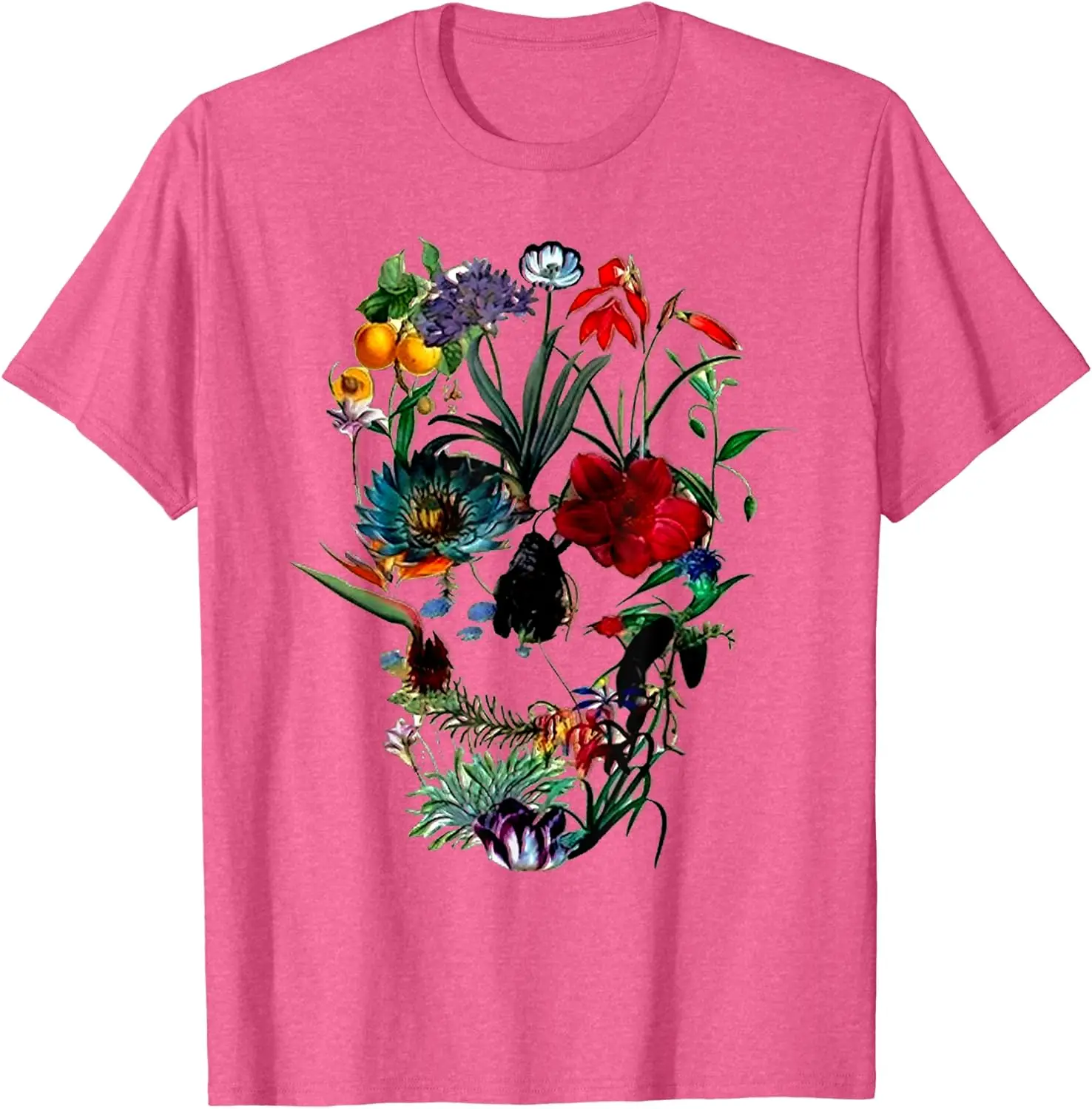 2024 Summer New Skull Flower Tulip Shirt Skull Art Rose T-shirt