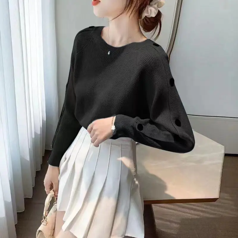 Pink Colour Knitting Pullover Long Sleeve Sweet Preppy Style O-Neck Batwing Sleeve Black Button Lazy Wind Sweaters Women Wild