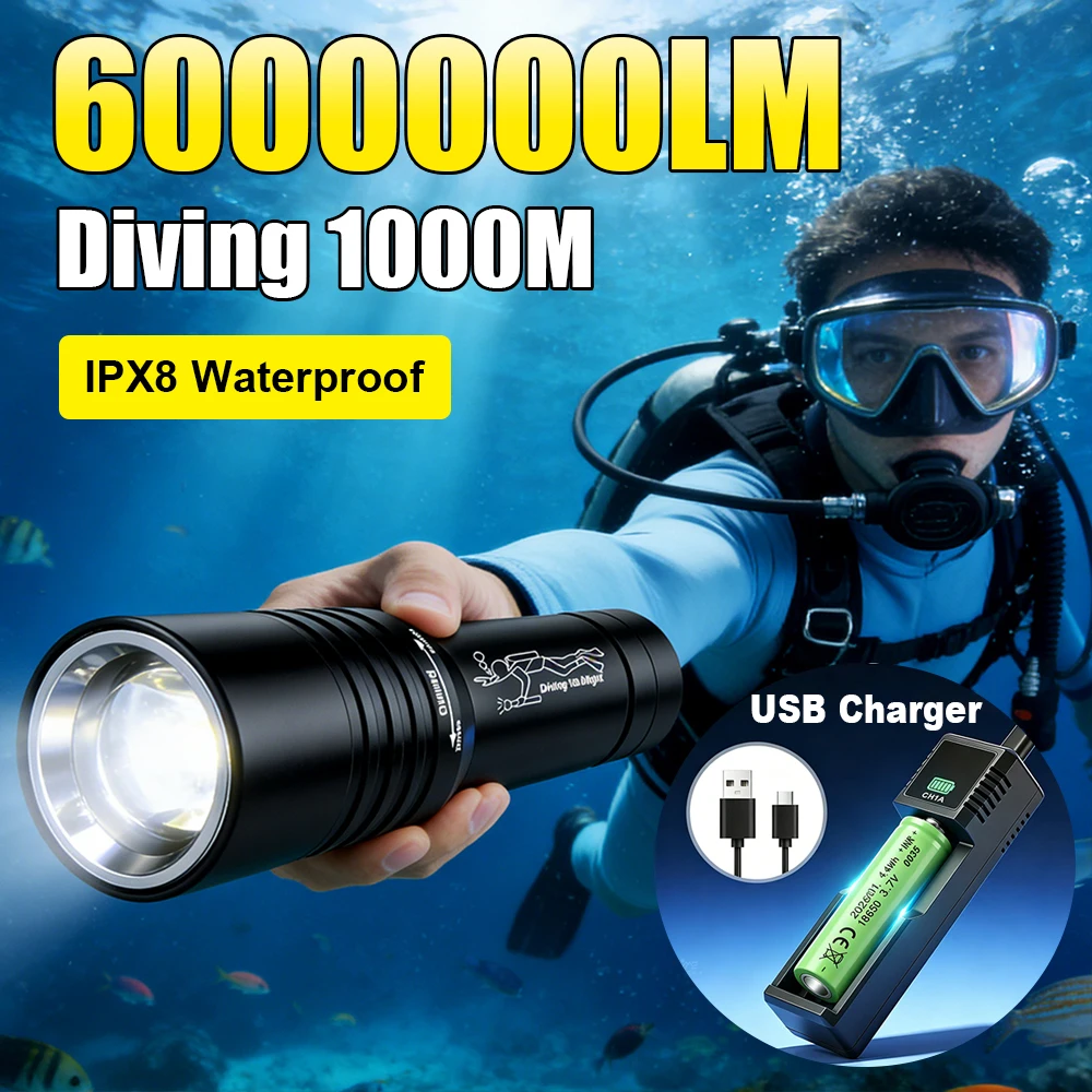 GRCKT Lanterna Profissional de Mergulho T6, Lanterna Tática com Zoom para 1000M, Tocha Subaquática para Mergulho, IPX8 Impermeável, Luz para Pesca, Presentes