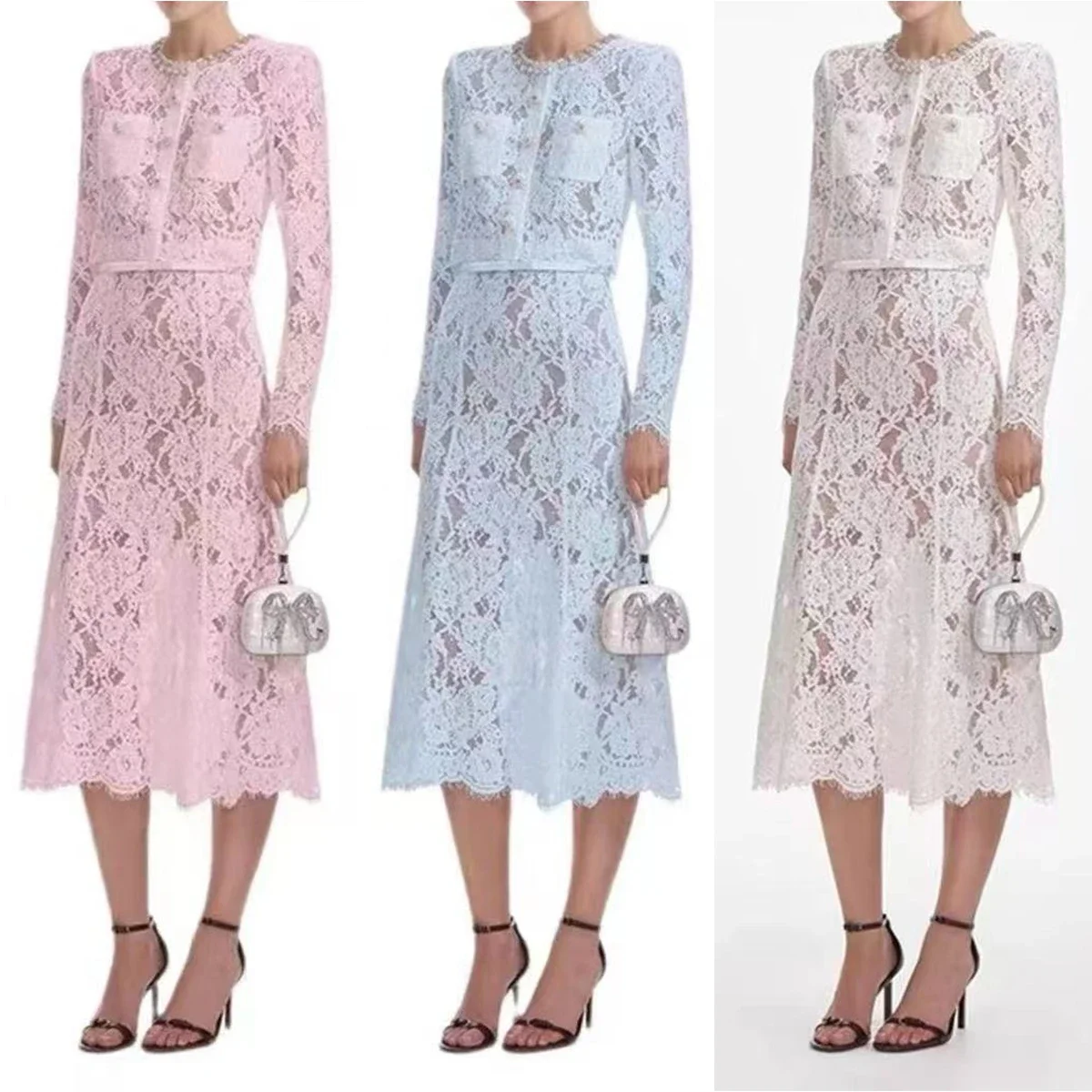

Skirts Set for Women New Long Sleeve O-Neck Skirt Set Women Beading Package Hip Women Skirt Set Vestidos De Verano Mujer Q495