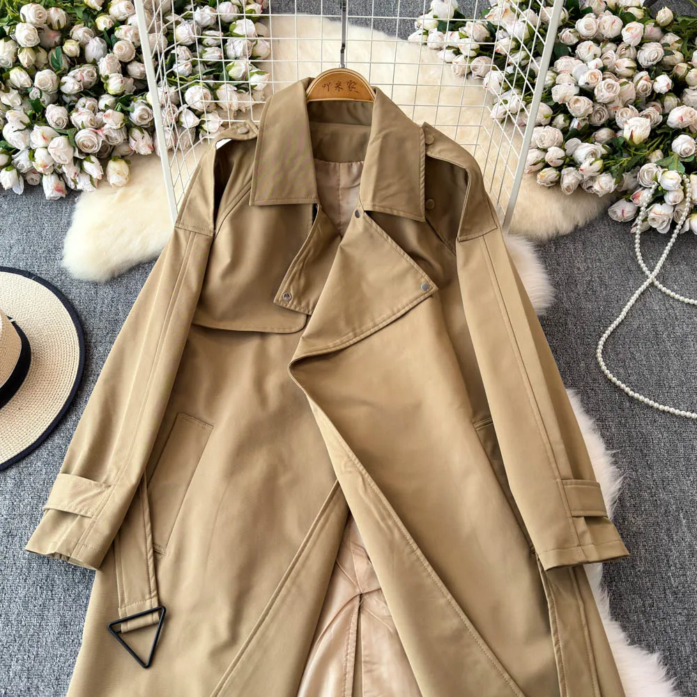 Autumn Lace Up Long Lapel Loose Trench Coat Women's Fashion Trend Windbreaker