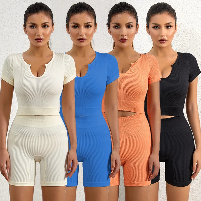 Sporstwear Seamless Yoga Set Gym Slimming Fitness Clothing Sleeveless Tracksuit Sexy Square Collar Sport Bra Tops Suits