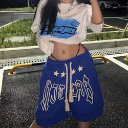 Summer Lace-up Y2K Loose Couples Shorts Klein Blue American Vintage Street Elastic Waist Knee Short Sweatpant Women Letter