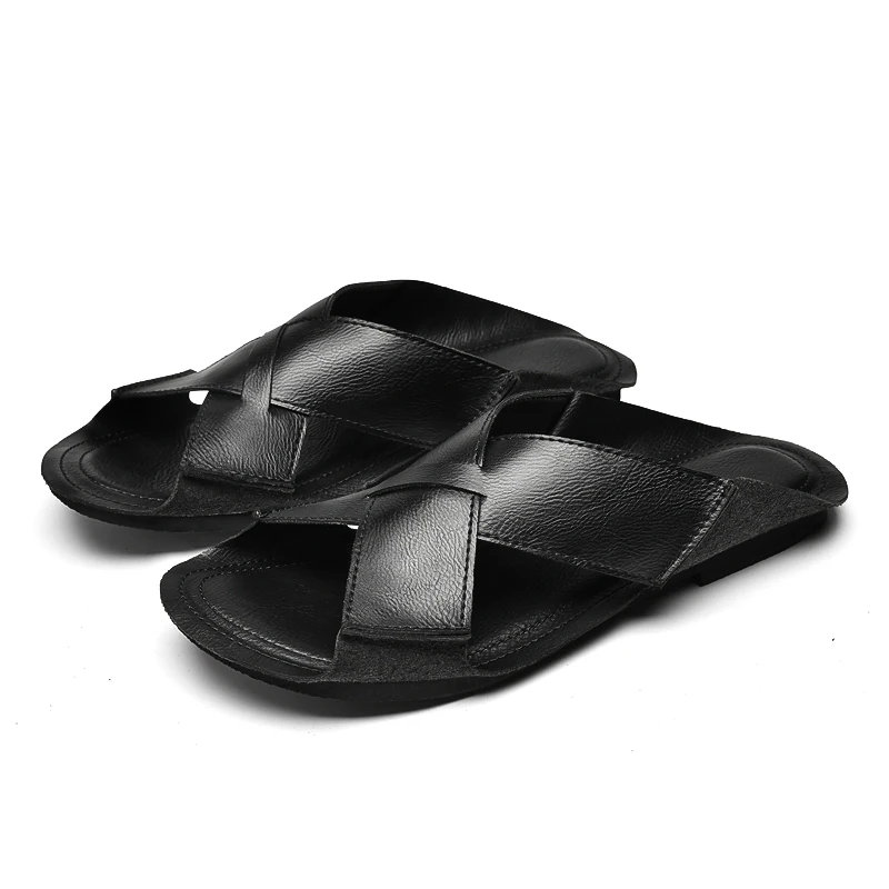 Originality Design Leather Slippers Cowhide Open-toe Sandal Man Flat Slides Beach Summer Shoes High Quality Big Size 38-47 Male