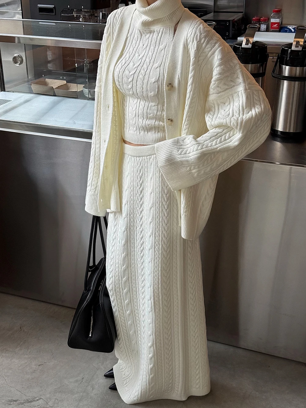 Lazy Wind And Drape Twisted Flower High Neck Sleeveless Vest Loose Cardigan Long Sleeved Three Piece Set Simple Long Skirt