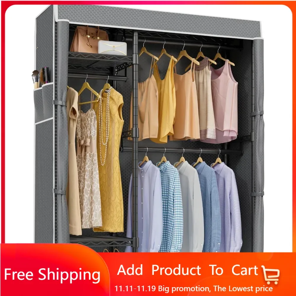 V2C Clothes Rack Wardrobe Closet, Garment Rack with Grey Upgraded Polyester Cover, Adjustable Shelves & Hang Rods