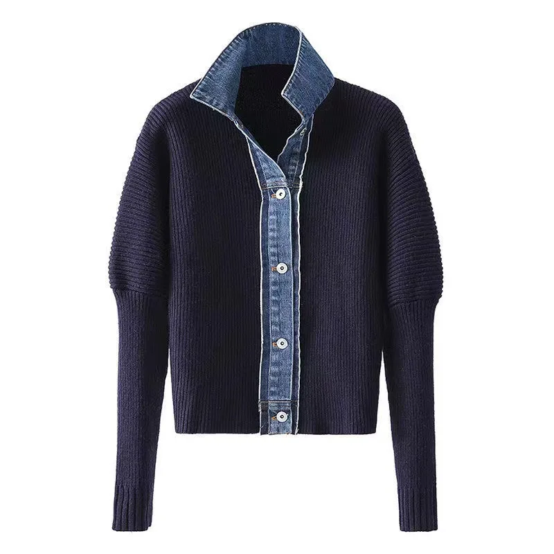 2023 Spring and Autumn New cardigan sweater women\'s Korean loose denim patchwork knitted jacket Polo collar top