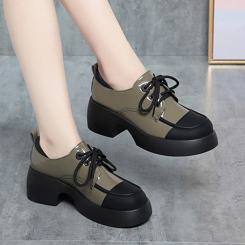 

Round Toe Color Matching Spring Casual Female Single Shoes Platform Oxfords British Style Black Flats All-Match Loafers