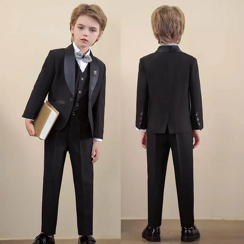 Children Black 4Pieces/Set Jacket Vest Pants Bowtie Piano Photograph Suit Boys Wedding Dress Kids Graduation Birthday Costume