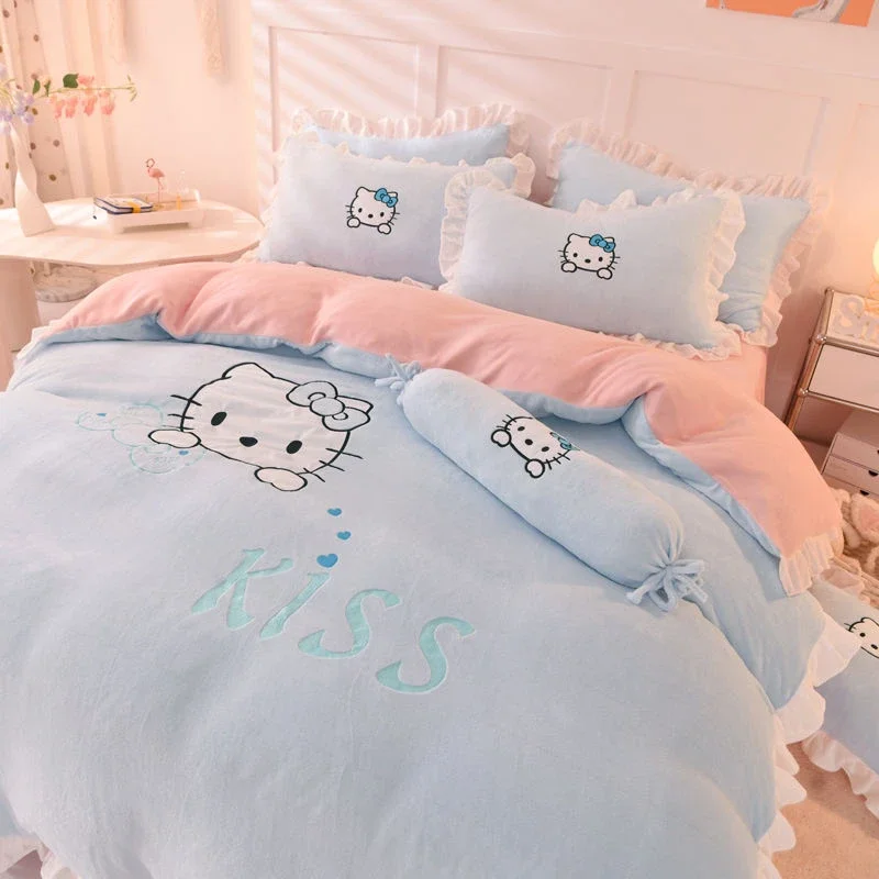 4PCS New Kawaii Sanrio Hello Kitty Quilt Cover Cute Cartoon Children and Girls Plush Bedding Soft Warm Bedroom Quilt Cover Gift