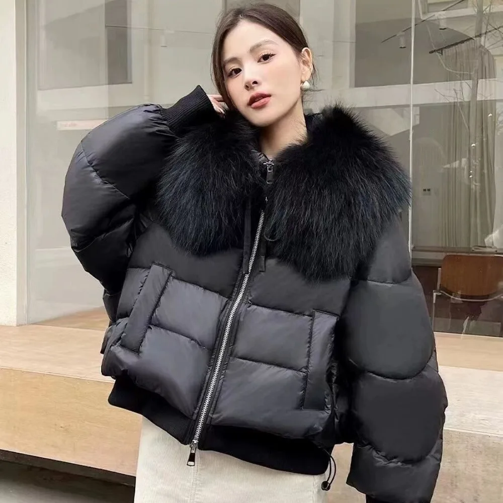 New Real Fur Jacket Natural Raccoon Fur Coat Female Thick Parka Loose Short White Duck Down Coat 2024 Winter Puffer Jacket Women